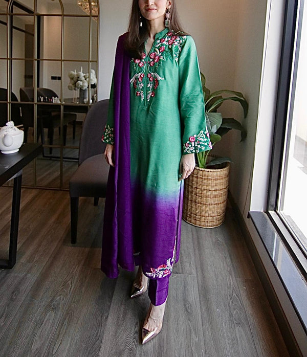 Green & Purple Double-Shaded Korean Silk Outfit