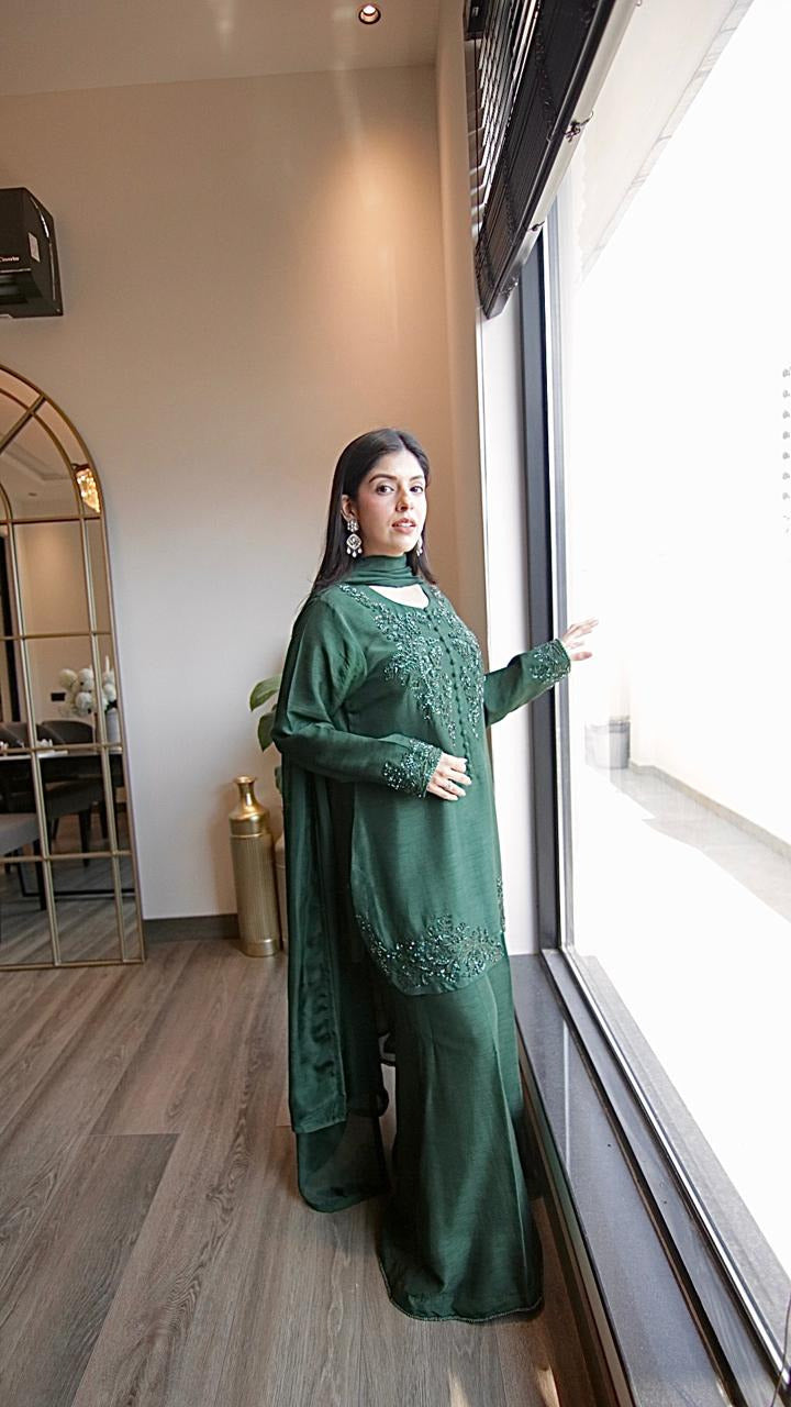 Emerald Green Korean Silk Shirt with Sharara Pants