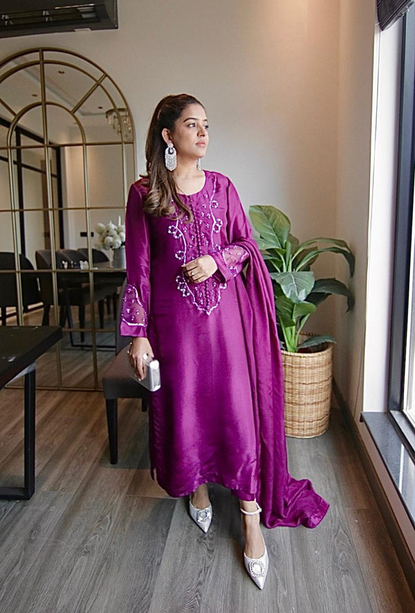 Purple Tassel Silk Outfit with Hand Embellished Shirt