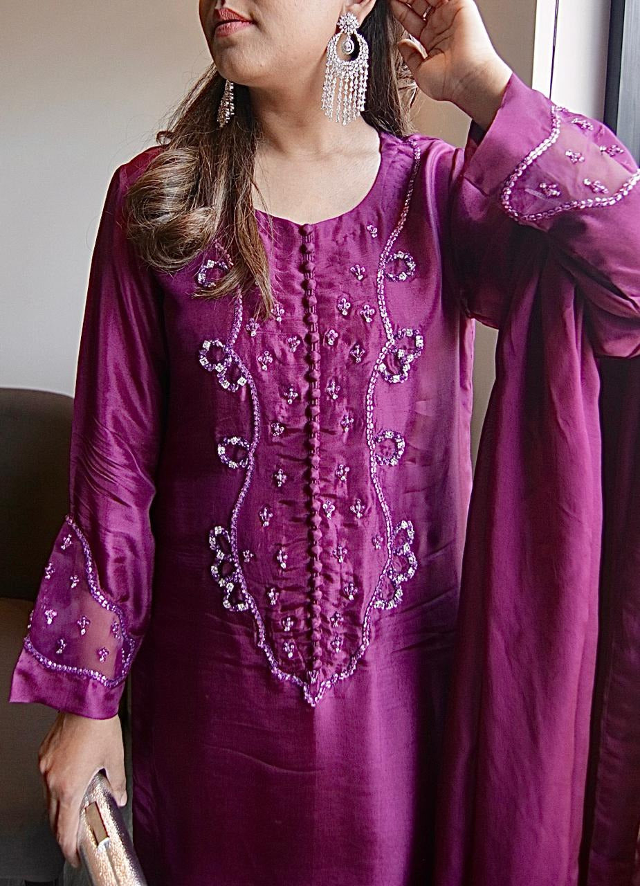 Purple Tassel Silk Outfit with Hand Embellished Shirt