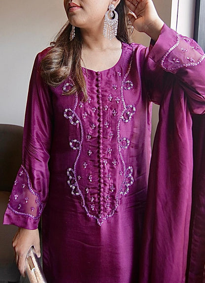 Purple Tassel Silk Outfit with Hand Embellished Shirt