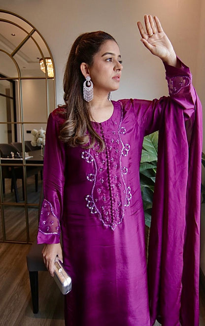 Purple Tassel Silk Outfit with Hand Embellished Shirt