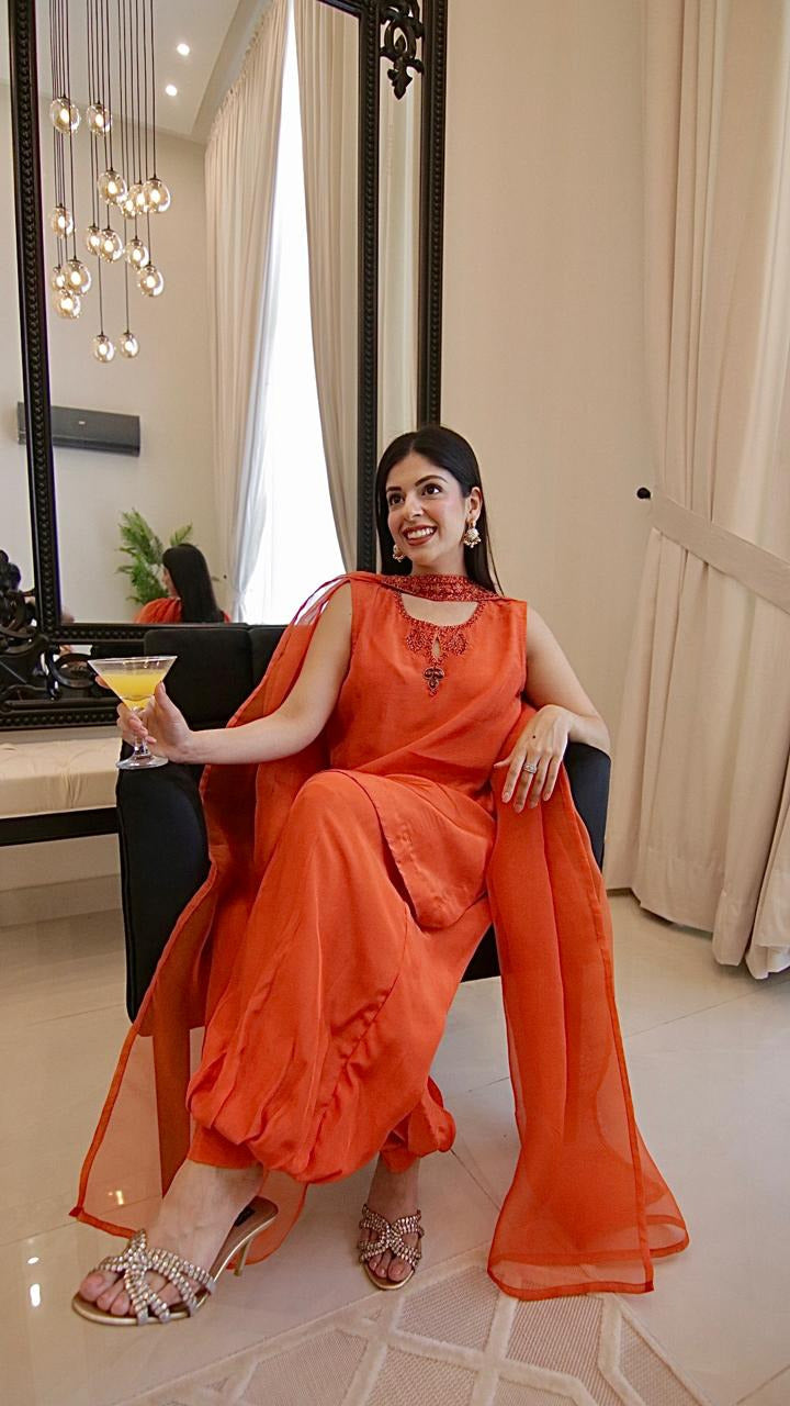 Orange Tassel Silk Short Shirt with Balloon Pants