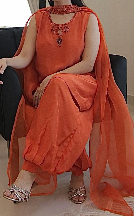 Orange Tassel Silk Short Shirt with Balloon Pants