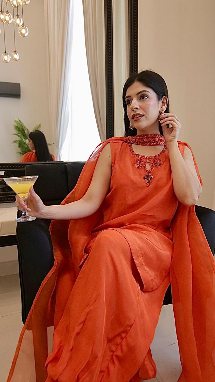 Orange Tassel Silk Short Shirt with Balloon Pants