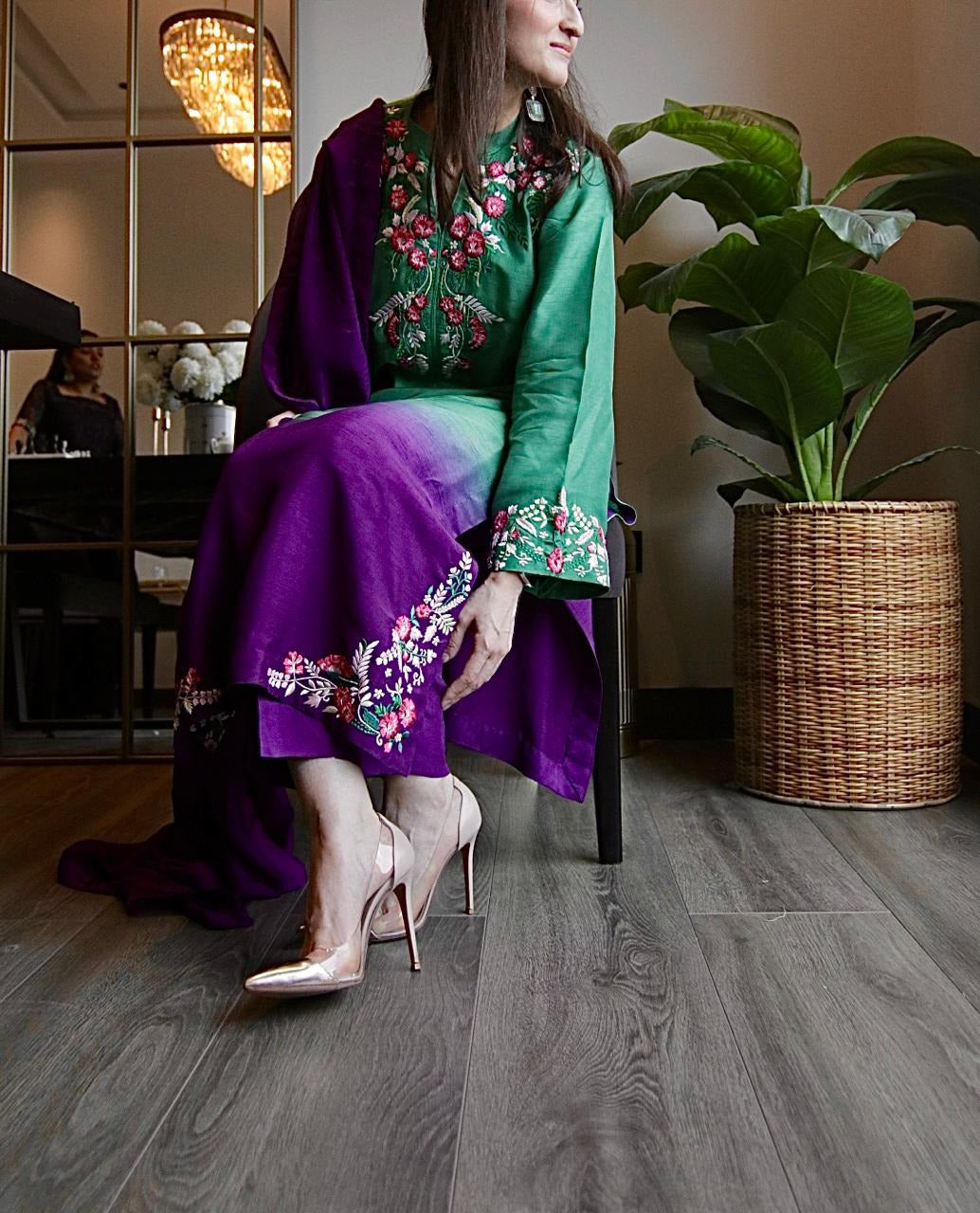 Green & Purple Double-Shaded Korean Silk Outfit