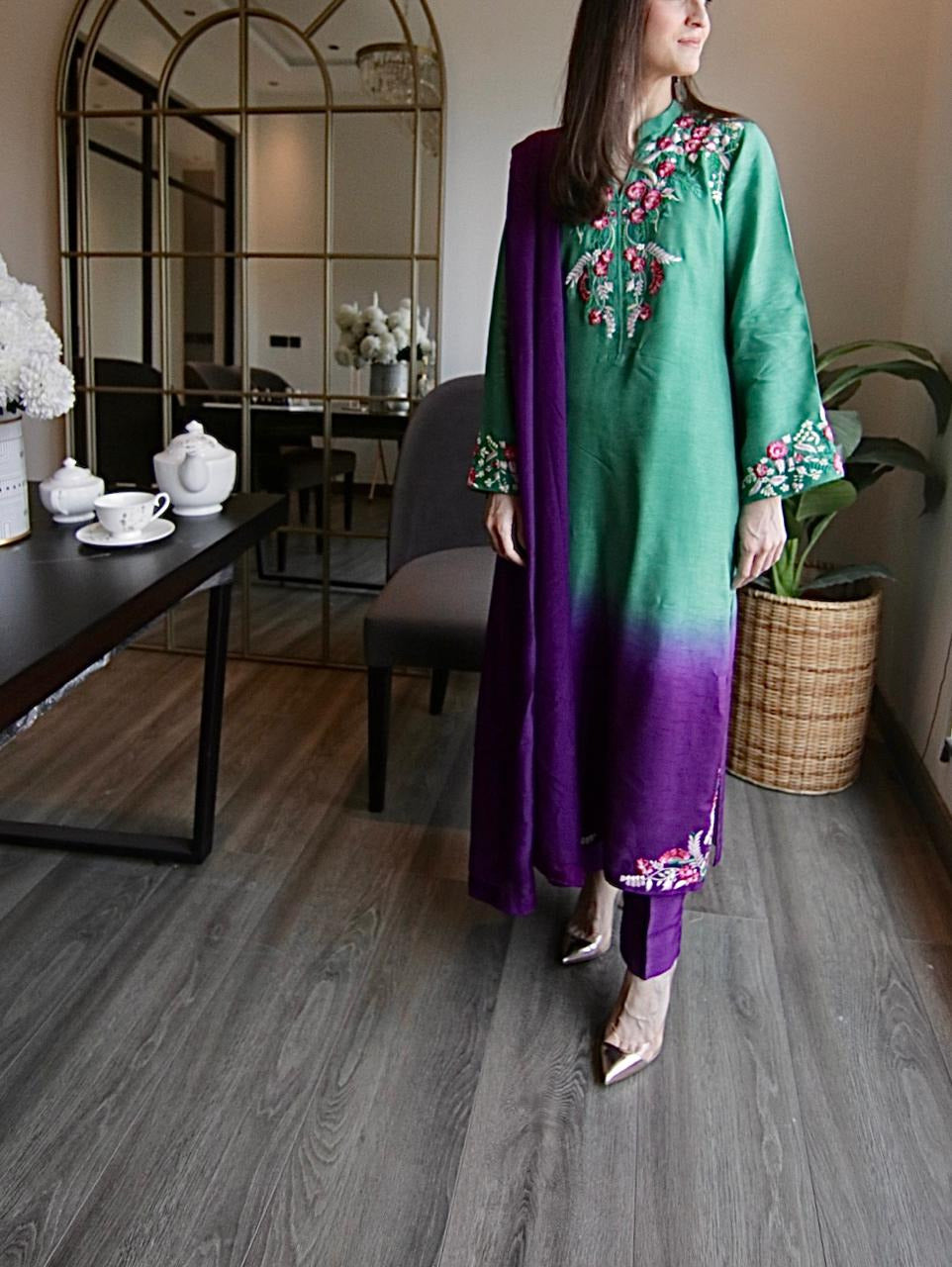 Green & Purple Double-Shaded Korean Silk Outfit