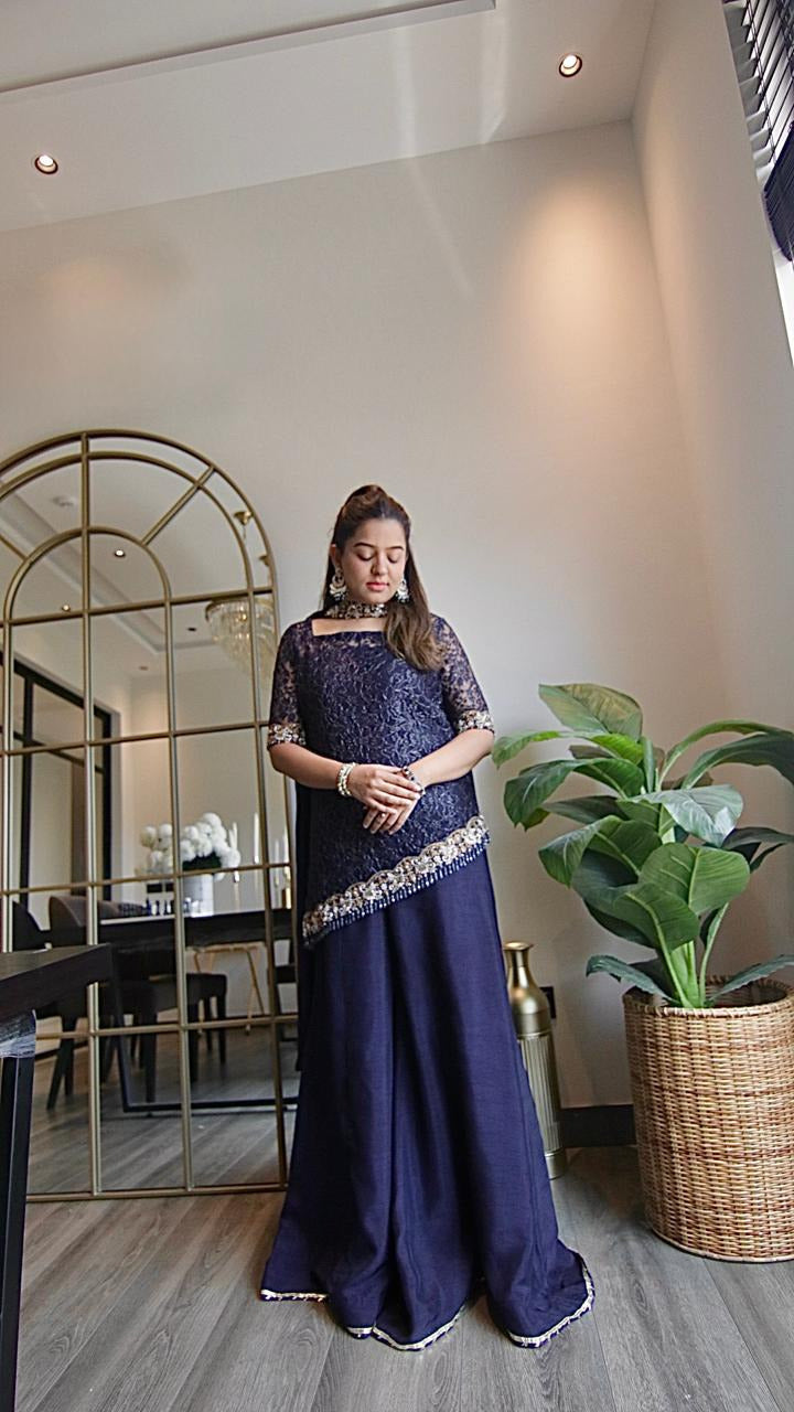 Midnight Navy Blue Net Shirt with Sharara Pants