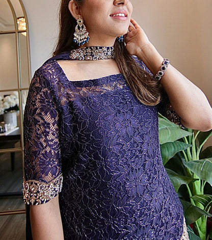 Midnight Navy Blue Net Shirt with Sharara Pants