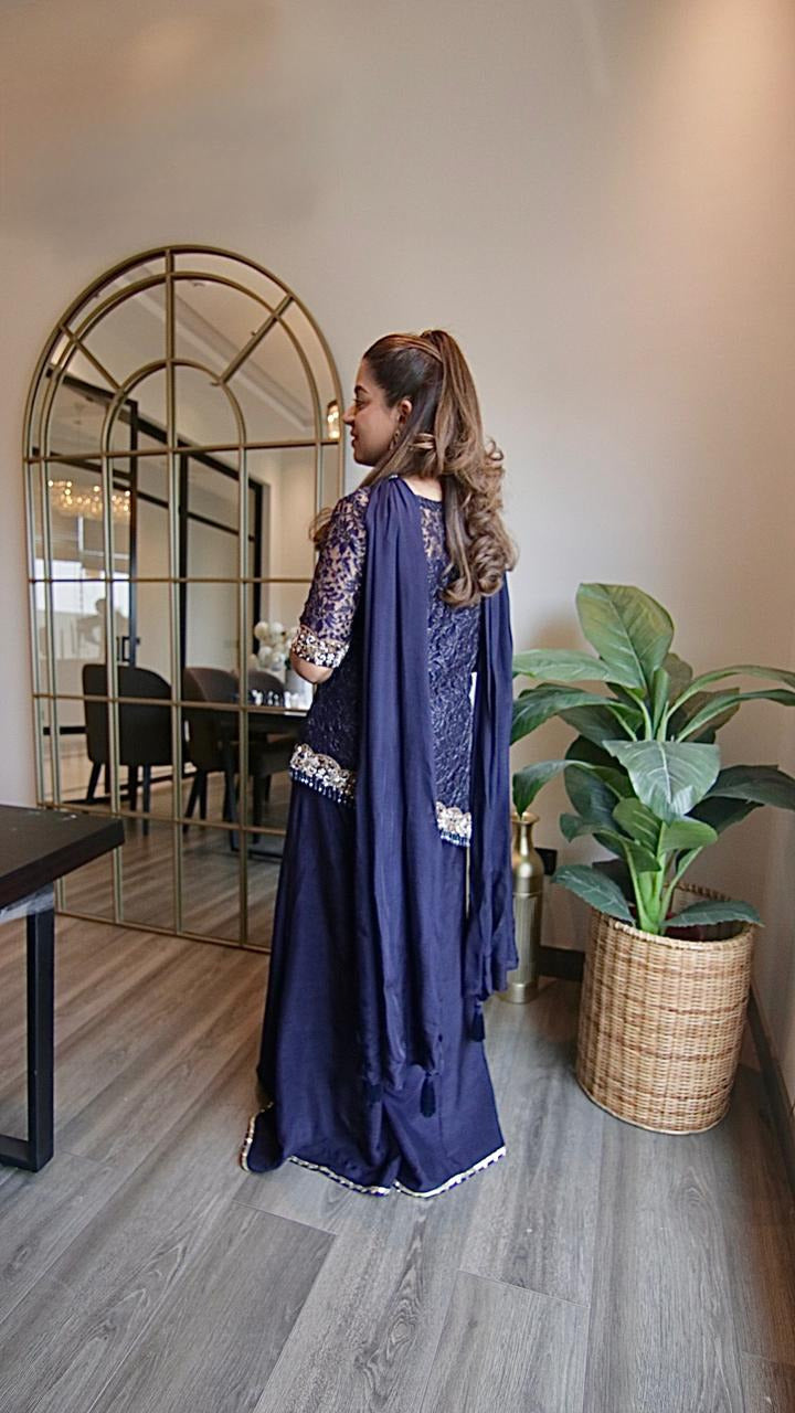 Midnight Navy Blue Net Shirt with Sharara Pants
