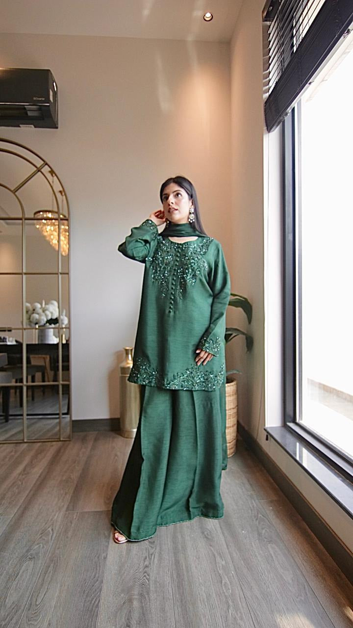 Emerald Green Korean Silk Shirt with Sharara Pants