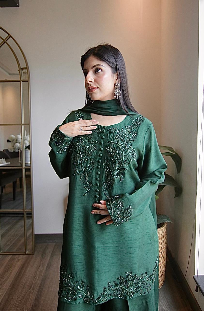 Emerald Green Korean Silk Shirt with Sharara Pants