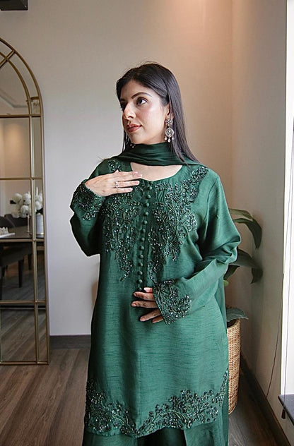 Emerald Green Korean Silk Shirt with Sharara Pants
