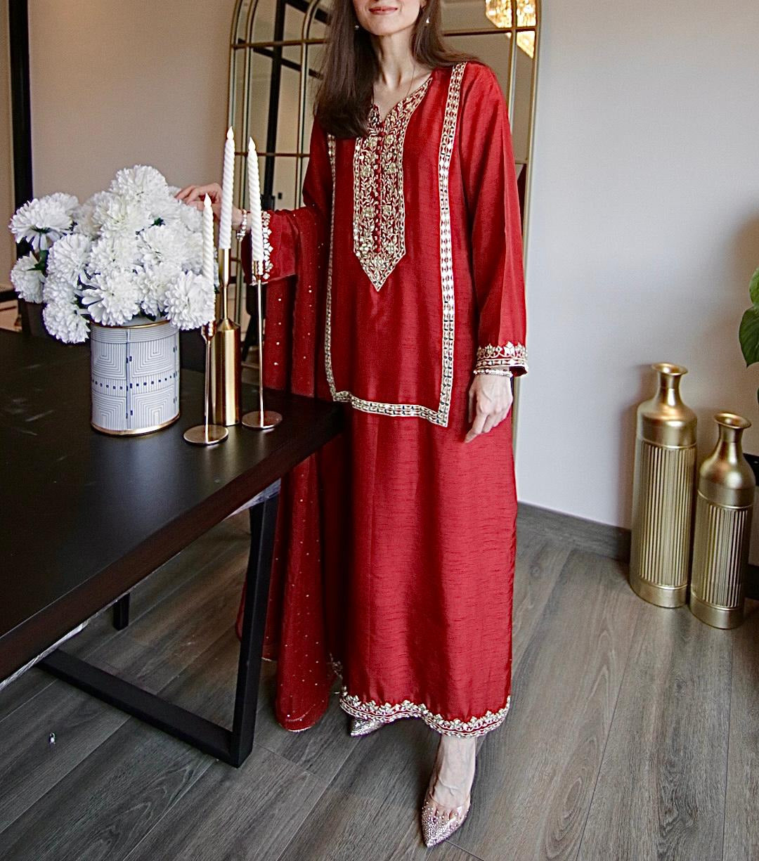 Maroon Korean Silk Long Shirt with Mirror Work