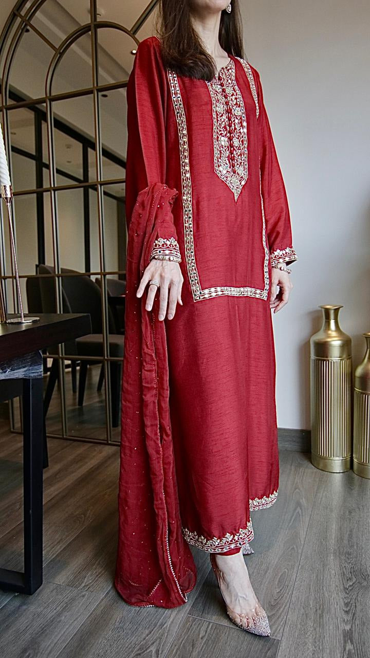 Maroon Korean Silk Long Shirt with Mirror Work