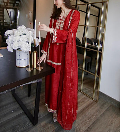 Maroon Korean Silk Long Shirt with Mirror Work