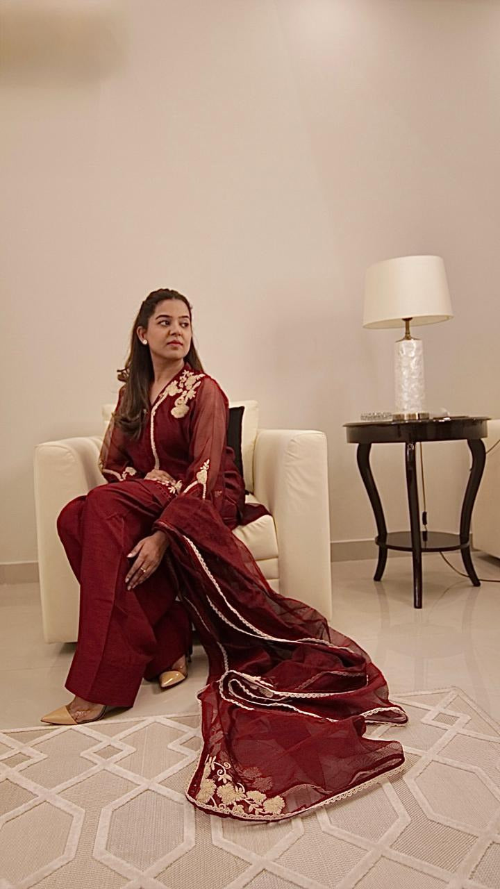 Deep Maroon Cotton Net Shirt with Aari Embroidery