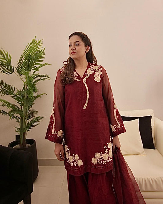 Deep Maroon Cotton Net Shirt with Aari Embroidery