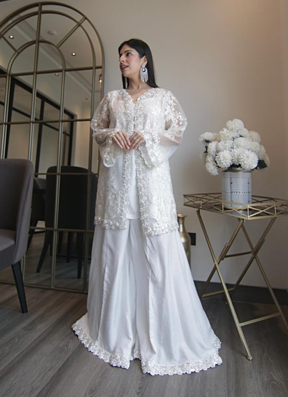 Embroidered Net Cape with Silk Sharara Pants
