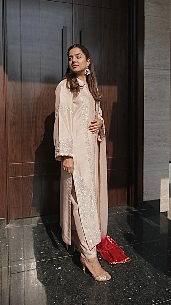 Warm Beige Korean Silk Outfit with Silver Embroidery