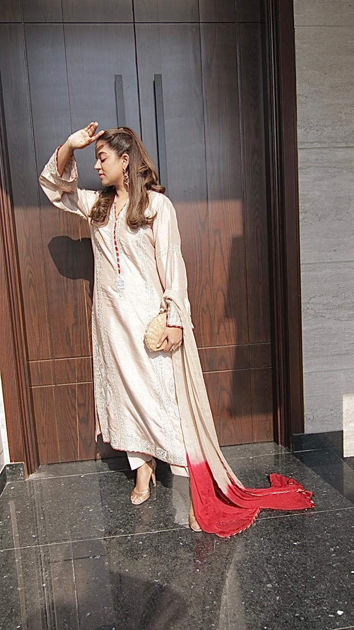 Warm Beige Korean Silk Outfit with Silver Embroidery