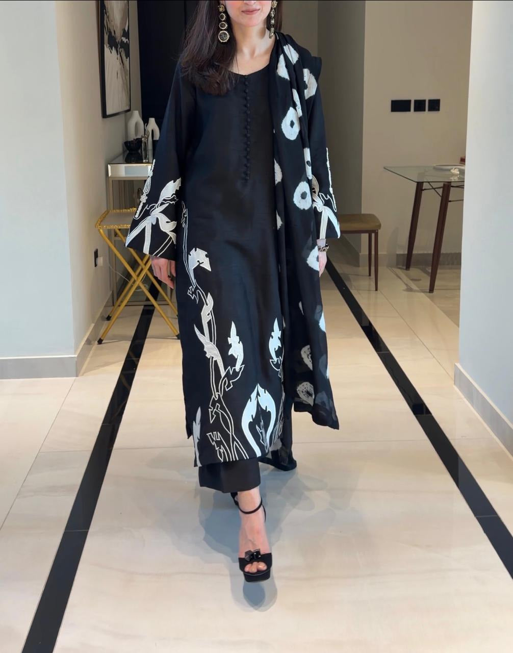 Black & White Korean Silk Outfit with Appliqué Work