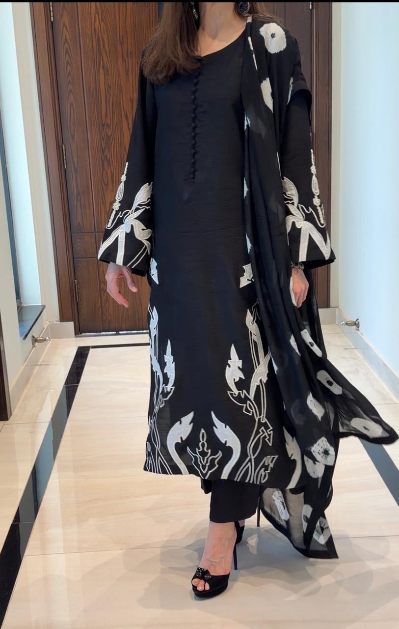Black & White Korean Silk Outfit with Appliqué Work