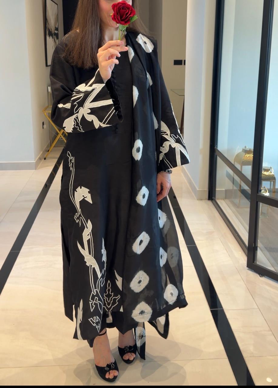 Black & White Korean Silk Outfit with Appliqué Work