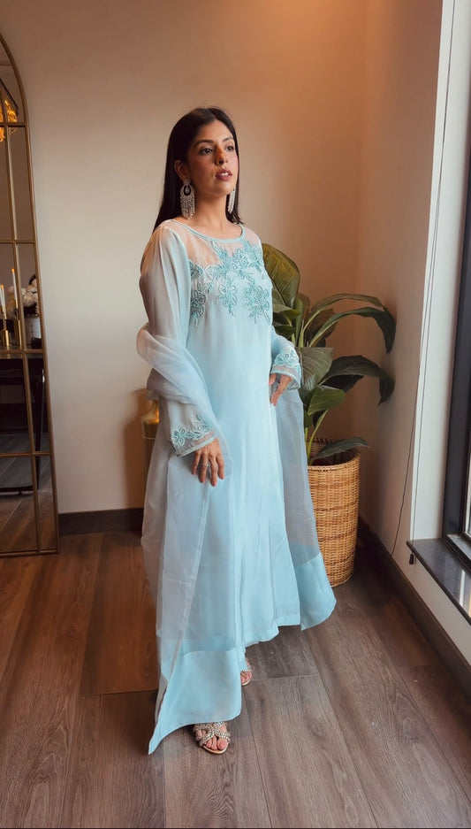 Ice Blue Embroidered Outfit with Organza Dopatta