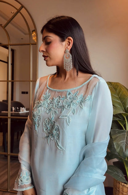 Ice Blue Embroidered Outfit with Organza Dopatta
