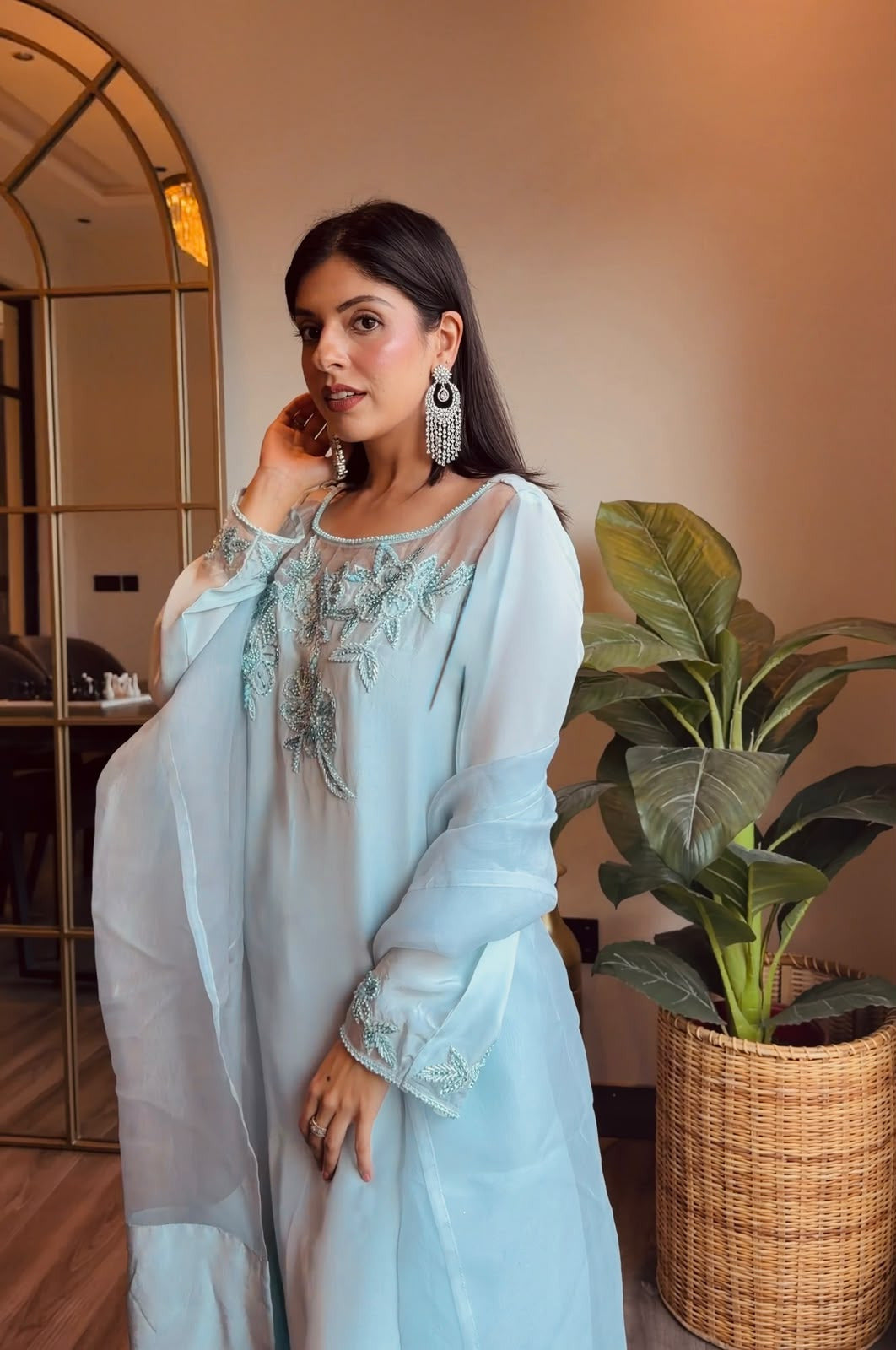 Ice Blue Embroidered Outfit with Organza Dopatta