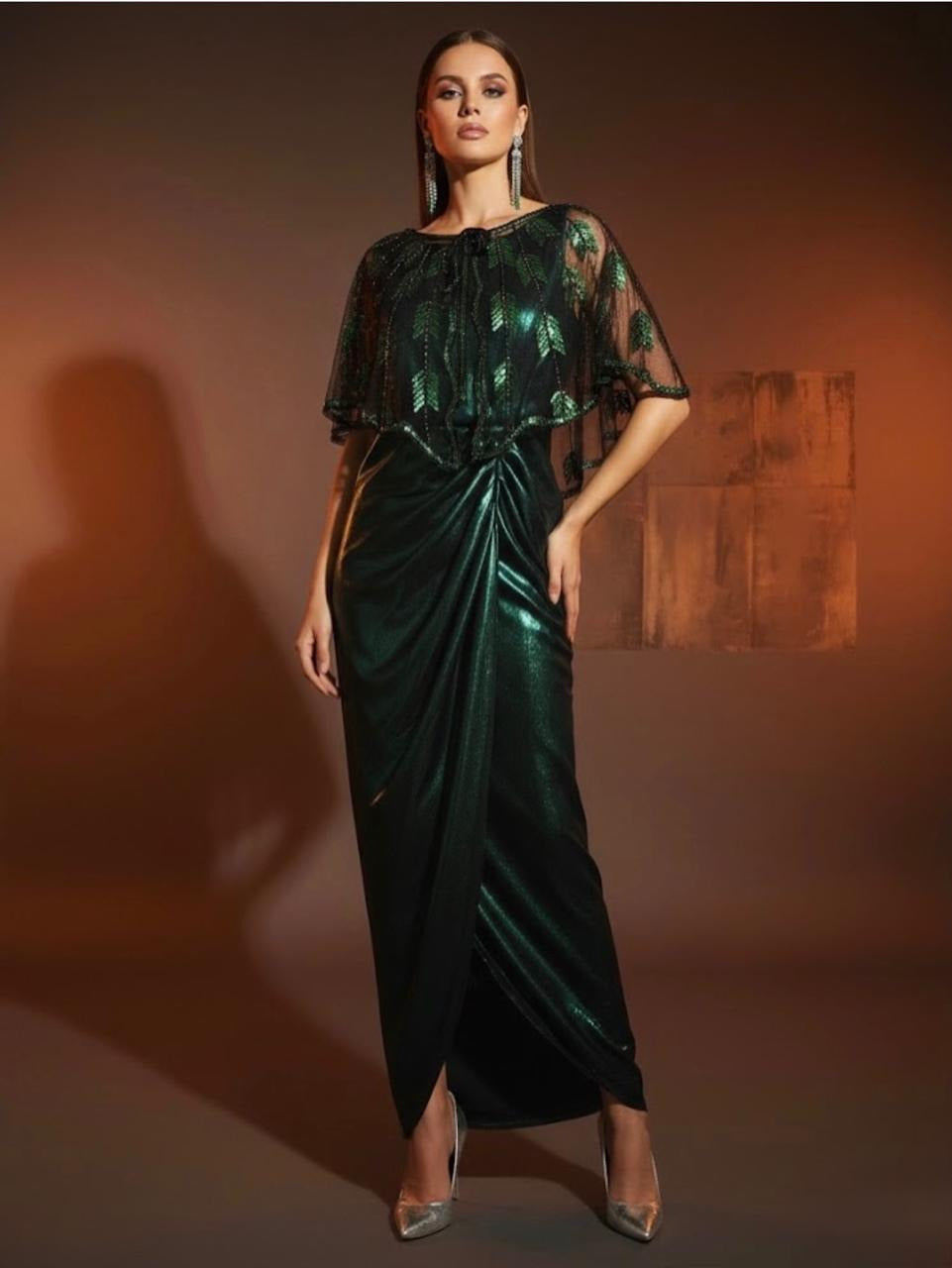 Foil Silk Draped Outfit with Embellished Net Cape