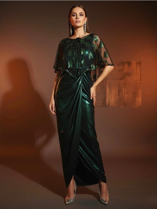 Foil Silk Draped Outfit with Embellished Net Cape