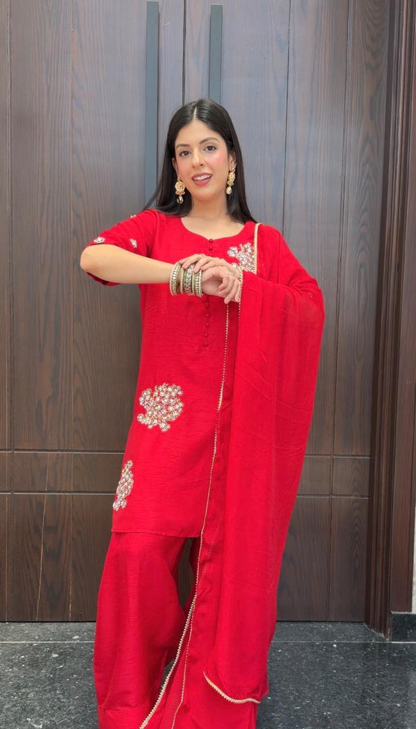 Fresh Red Korean Silk Outfit with Farshi Shalwar