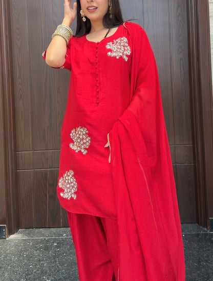Fresh Red Korean Silk Outfit with Farshi Shalwar