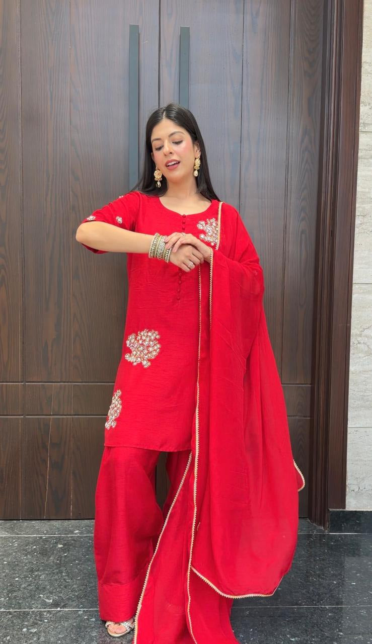 Fresh Red Korean Silk Outfit with Farshi Shalwar