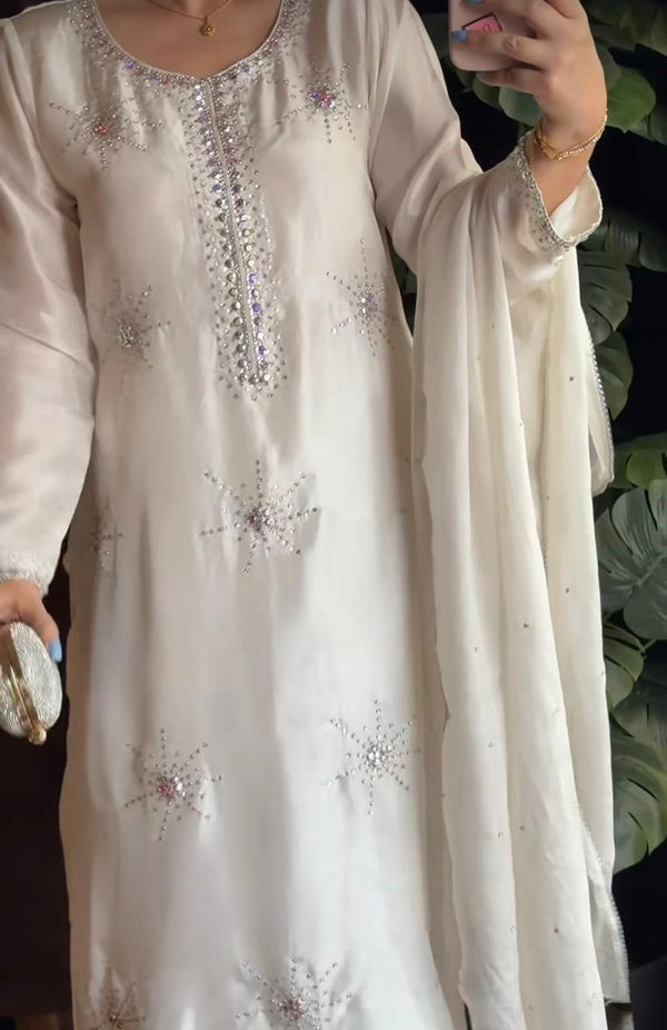 Off-White Tassel Silk Outfit with Stud Work
