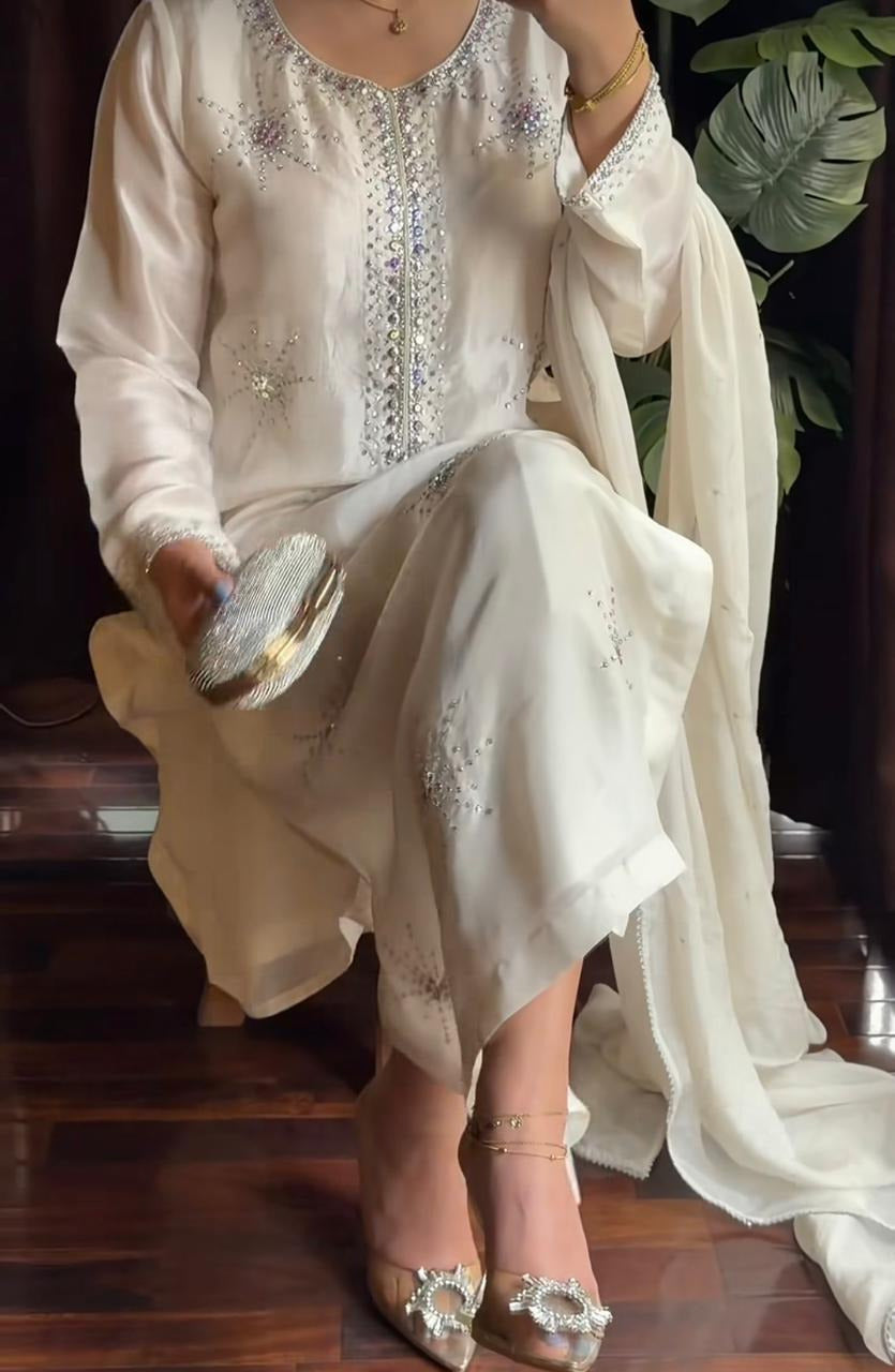 Off-White Tassel Silk Outfit with Stud Work