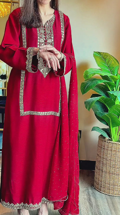 Maroon Korean Silk Long Shirt with Mirror Work