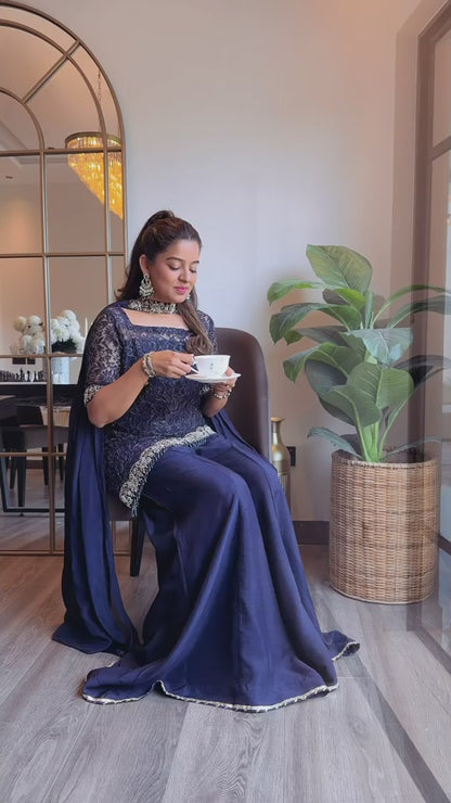 Midnight Navy Blue Net Shirt with Sharara Pants