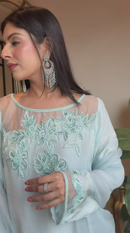 Ice Blue Embroidered Outfit with Organza Dopatta