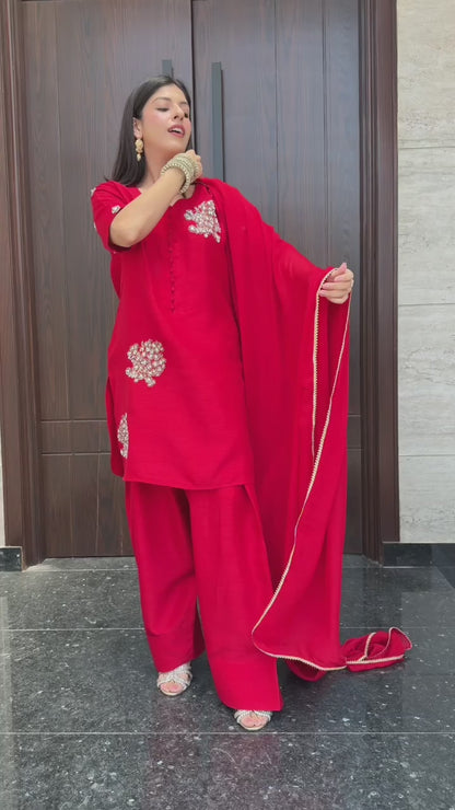 Fresh Red Korean Silk Outfit with Farshi Shalwar