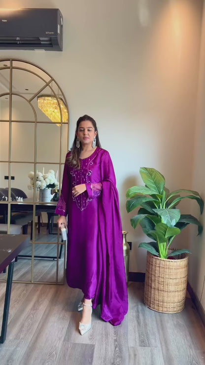 Purple Tassel Silk Outfit with Hand Embellished Shirt