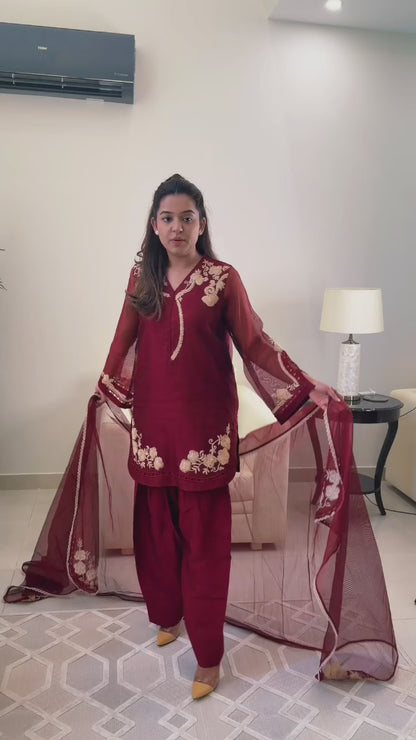 Deep Maroon Cotton Net Shirt with Aari Embroidery