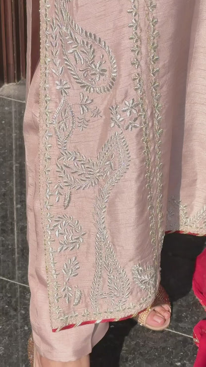 Warm Beige Korean Silk Outfit with Silver Embroidery