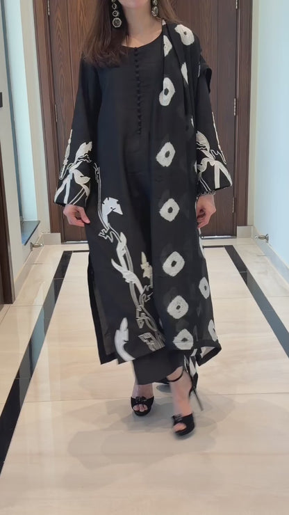 Black & White Korean Silk Outfit with Appliqué Work